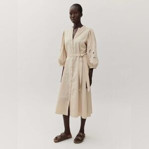 H&M Cream Midi Buttoned Dress with Embroidered Sleeves, Cotton Linen Blend XXL